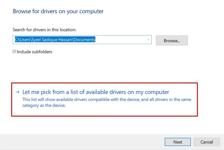 After this, select Let me pick from the list of device drivers on my computer. 