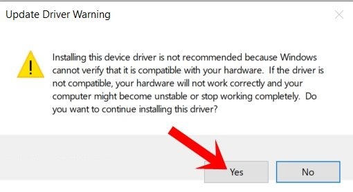 You will now get an update driver warning, click YES, and finally click Install. 